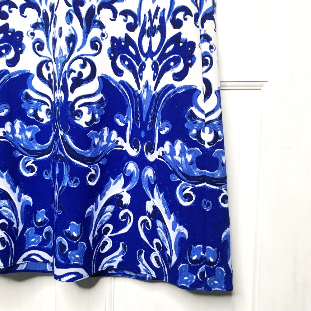 LRL Blue + White Damask Formal Cocktail Dress - Picture 4 of 8